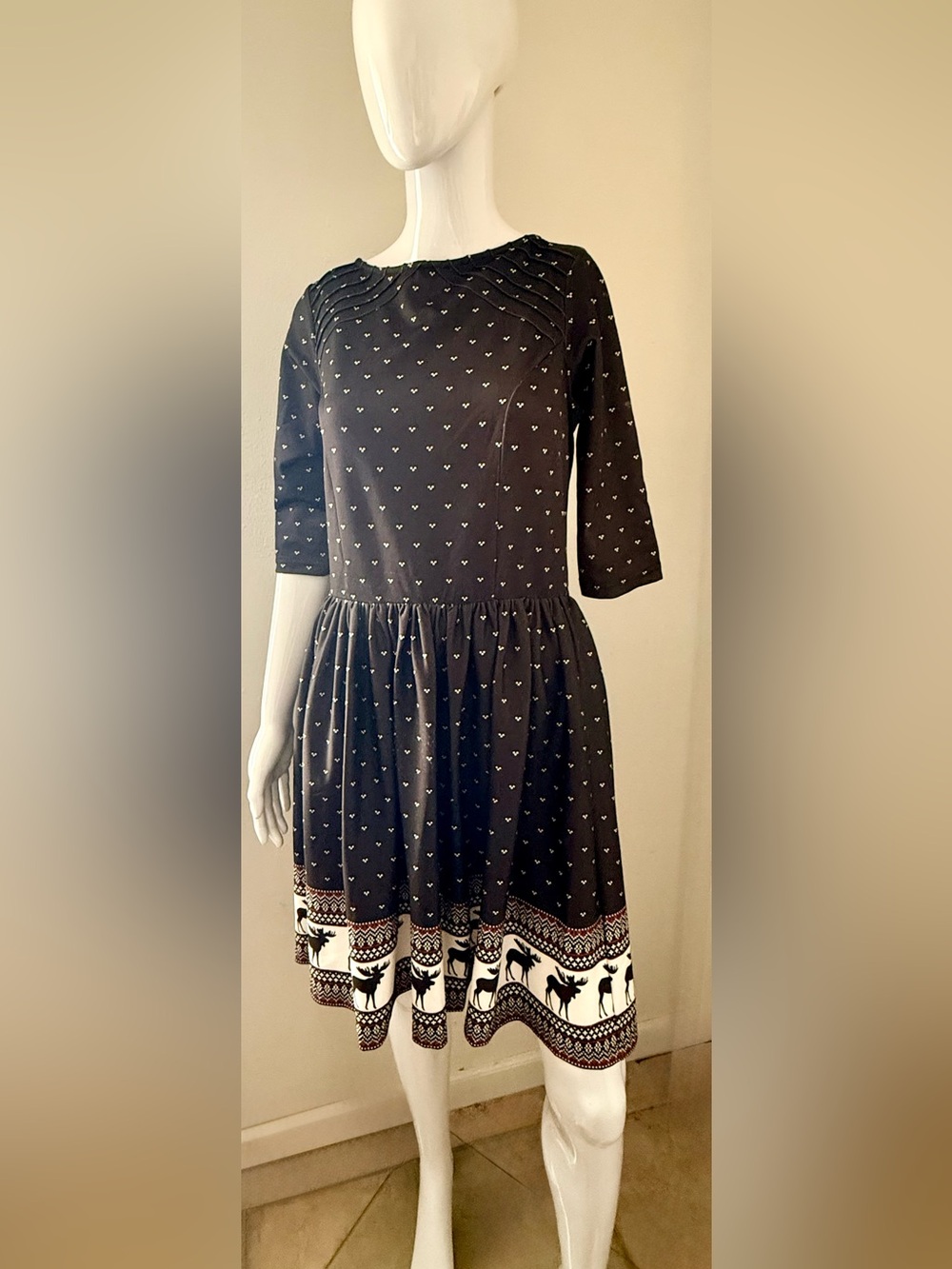Unique Vintage Black Patterned Fit-and-Flare Dress with Festive Border moose